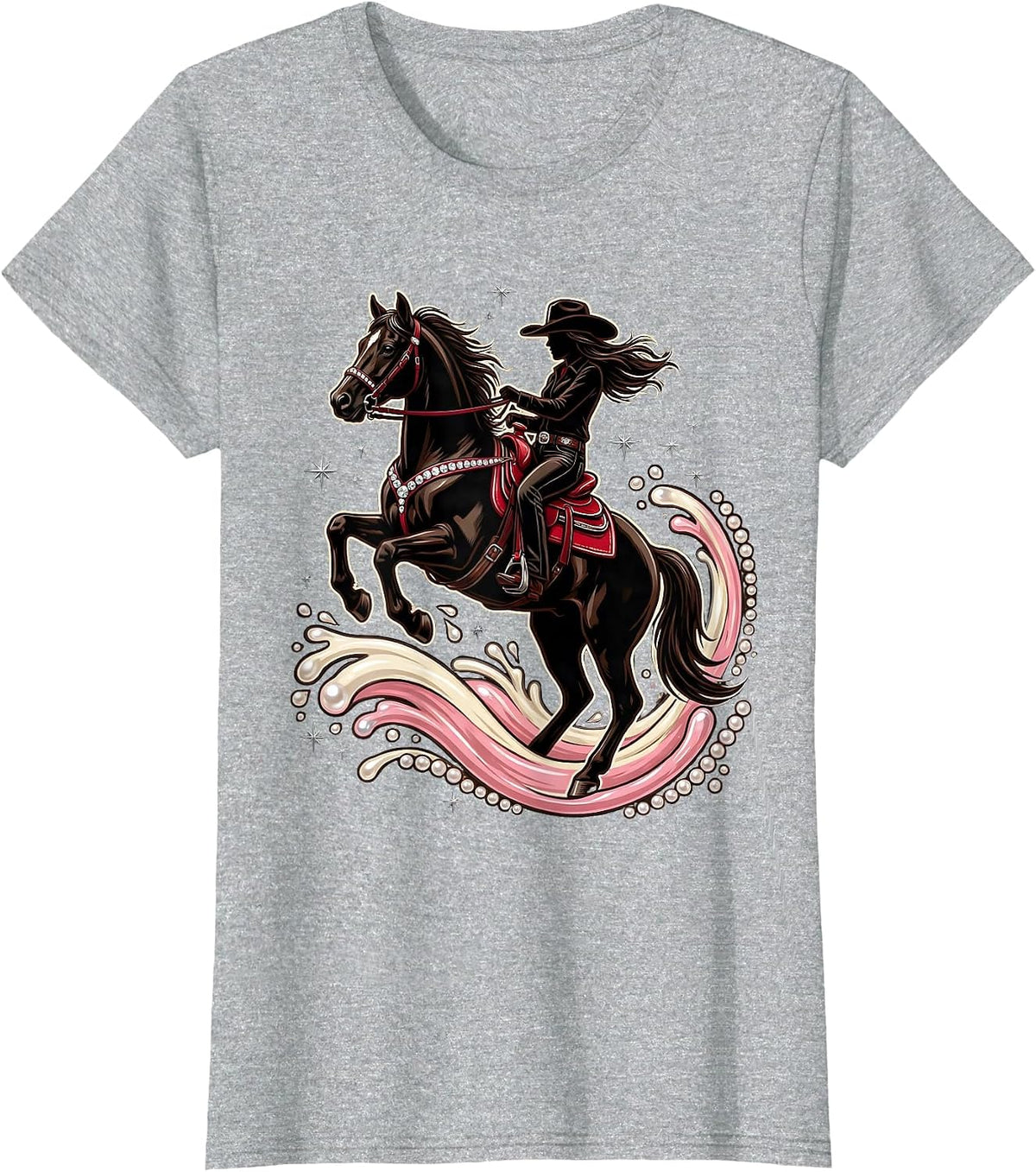 Women's Cowgirl Riding Horse Through River Splash T-Shirt - Heather Grey