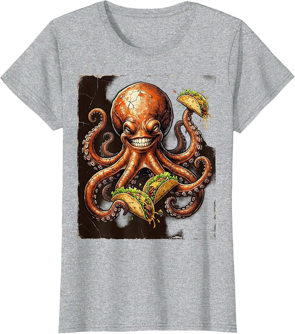 Octopus Juggling Tacos Funny Novelty Graphic Tee T-Shirt - Heather Grey