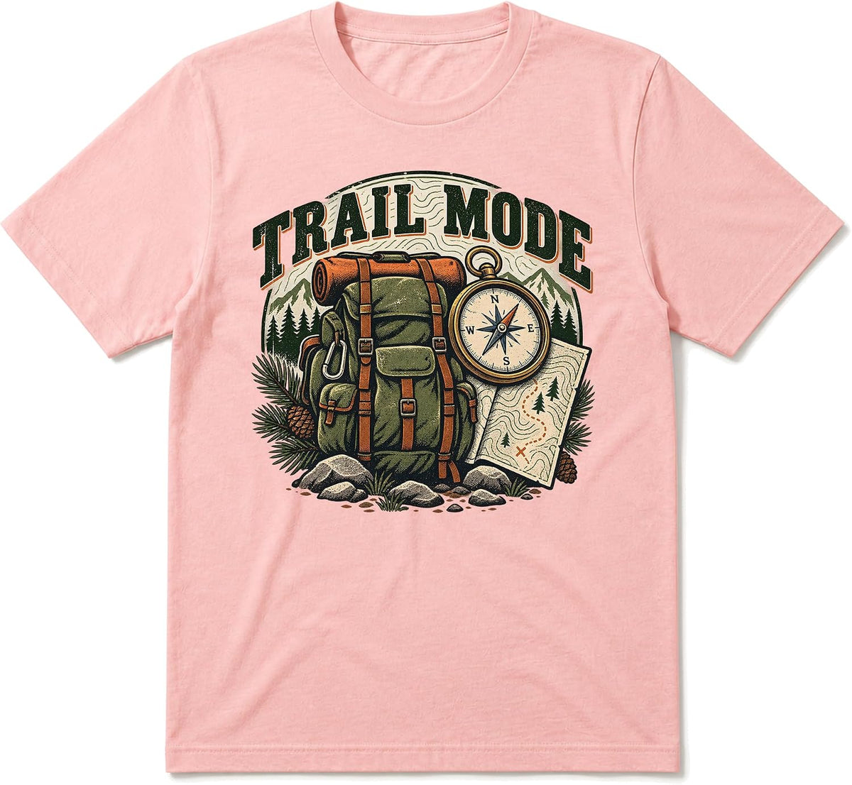 Camping T-Shirt, Hiking Backpack and Compass Graphic - Pink