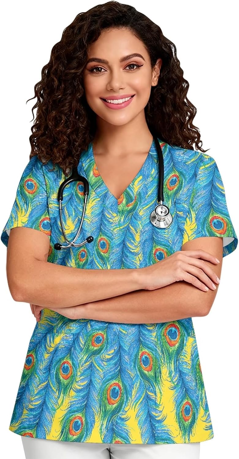 Dellukee Women's Scrub Top Medical Nursing Shirts with Pockets Soft Lightweight Work Tops, Short Sleeve, V-Neck, S-5XL -