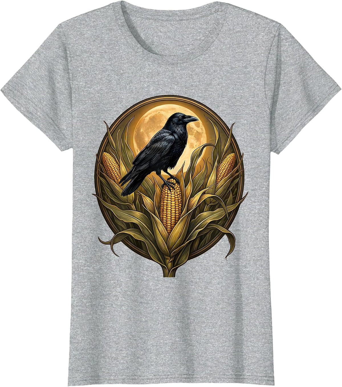 Crow on Cornstalk Harvest Field Illustration T-Shirt - Heather Grey