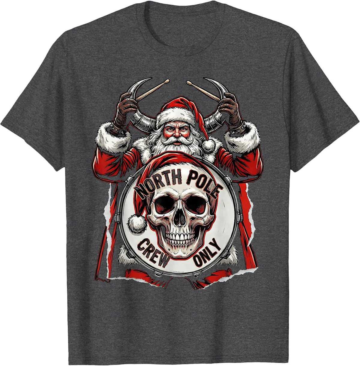 North Pole Crew Only Punk Metal Santa Heavy Metal Christmas T-Shirt - Dark Heather Grey