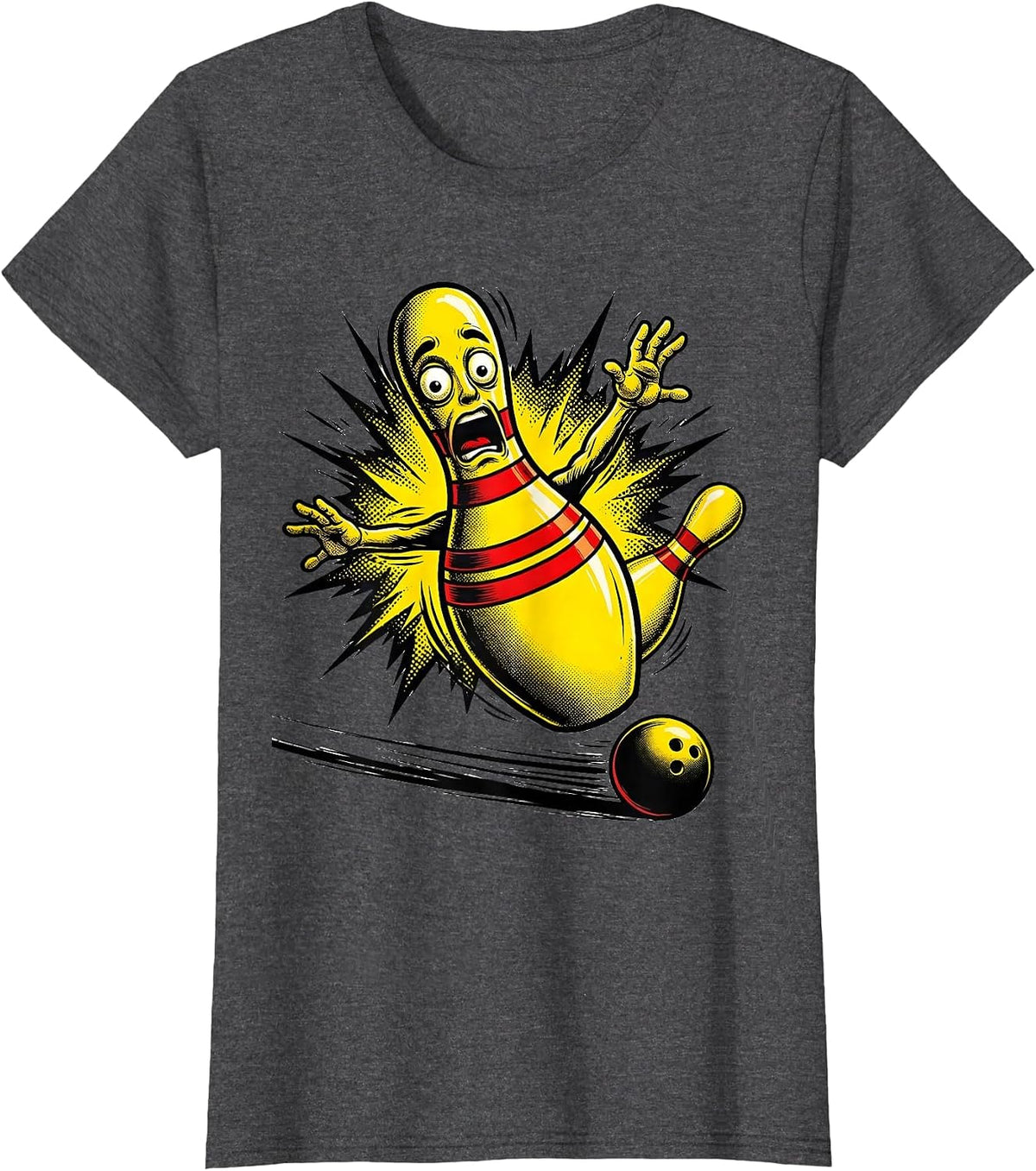 Women's Bowling Pin Shock Comic Book Bowler Humor T-Shirt - Dark Heather Grey