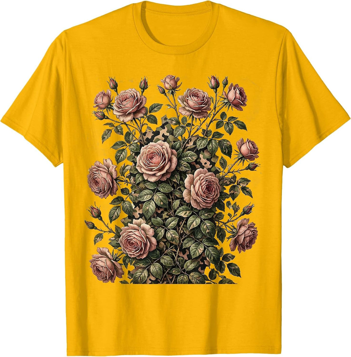 Pink Camo Climbing Roses Floral Tank Illustration T-Shirt - Golden Yellow