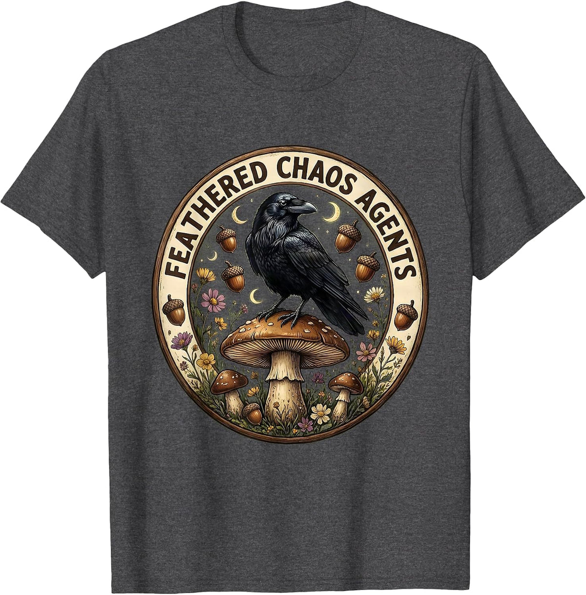 Men's Feathered Chaos Agents Caw Crow Design T-Shirt - Dark Heather Grey