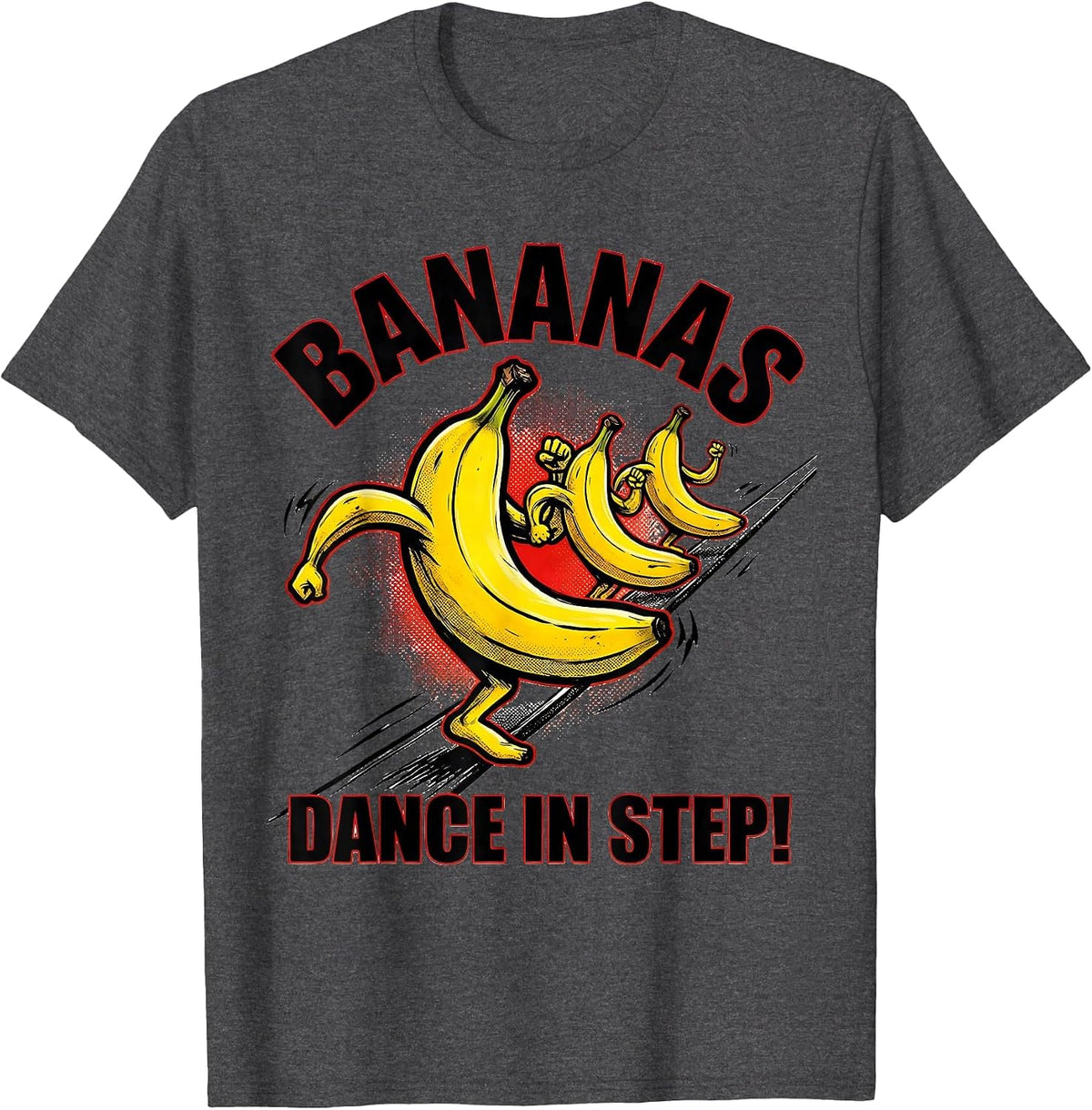 Men's Bananas, Dance In Step! Comic Book Banana Lover Humor T-Shirt - Dark Heather Grey