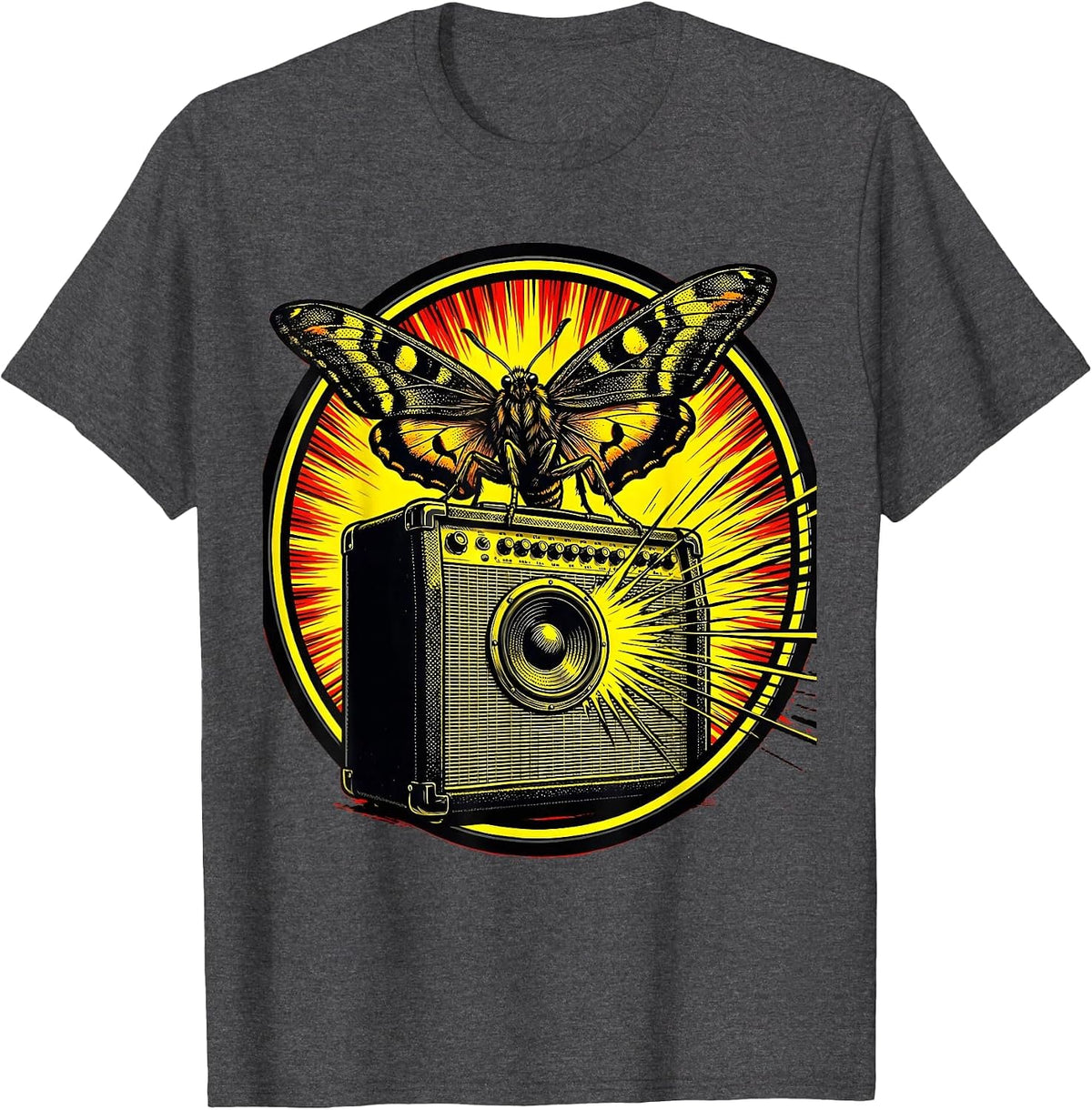 Moth and Amplifier Glow Rock Music Graphic T-Shirt - Dark Heather Grey