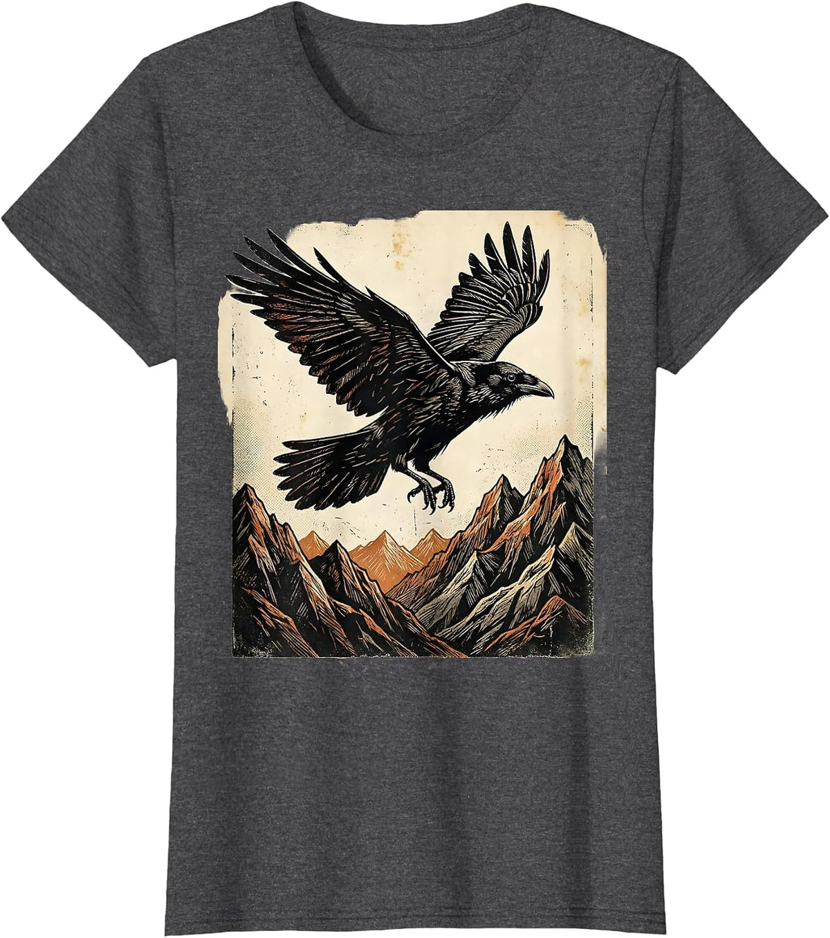 Women's Crow Soaring Over Mountain Peaks Graphic T-Shirt - Dark Heather Grey