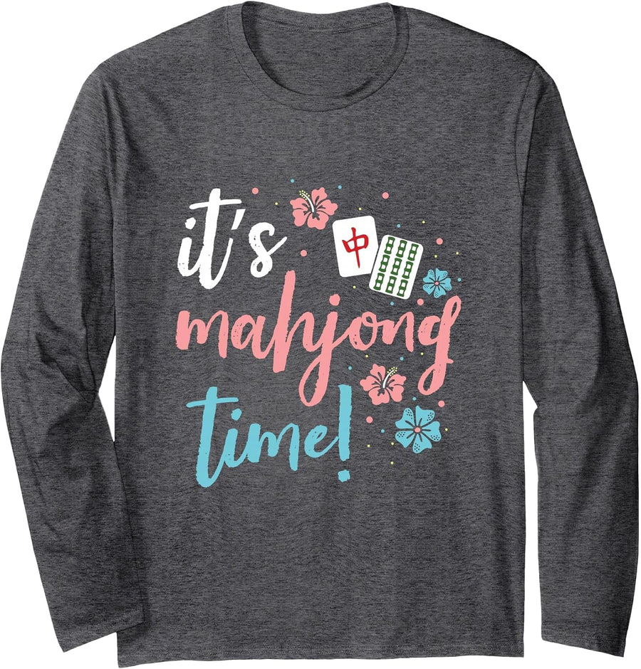Mahjong Chinese or Mahjong Player Long Sleeve T-Shirt - Adult Unisex Dark Heather Grey