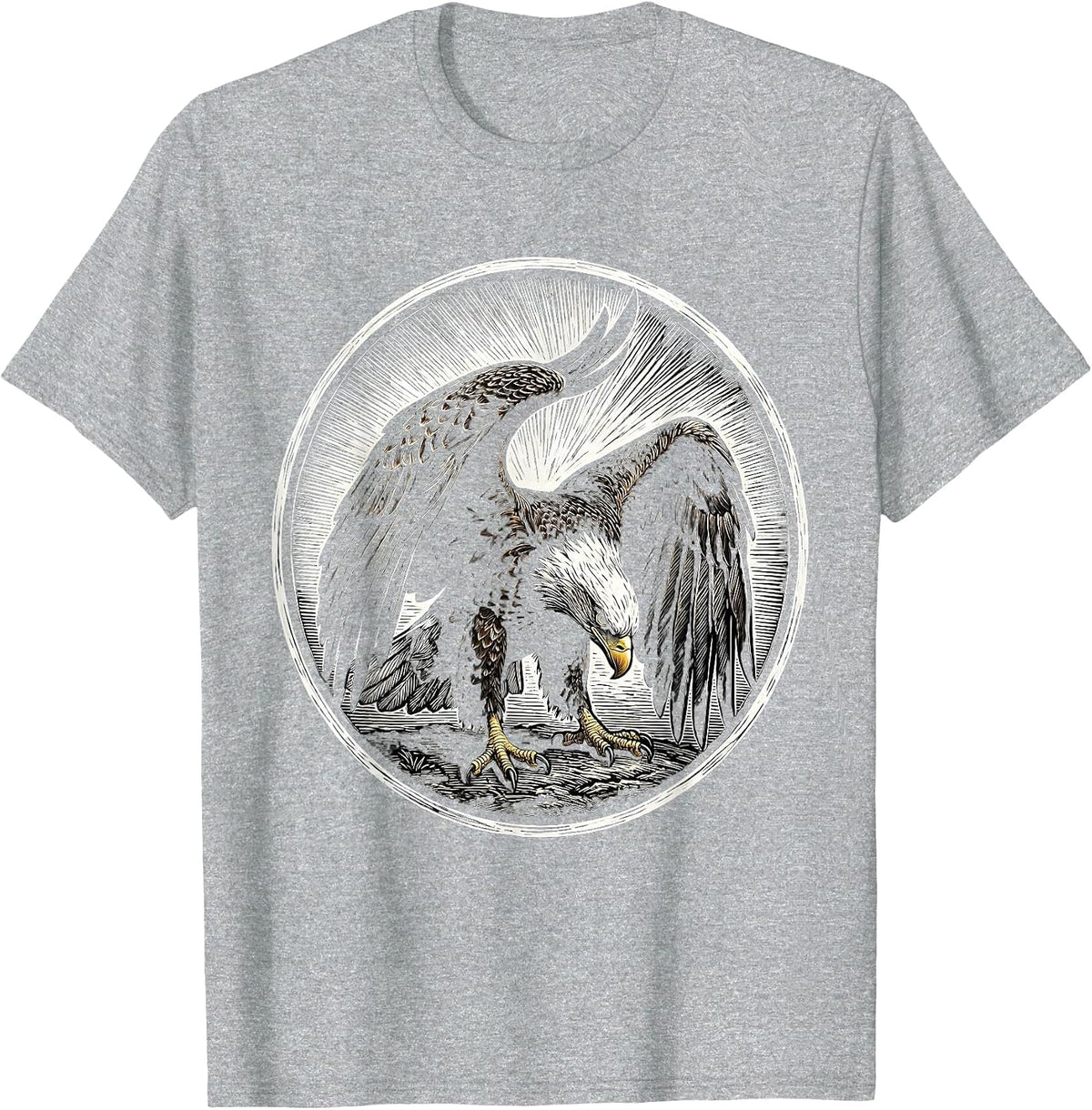 Men's Bald Eagle Woodcut Engraving Eagle Lover Nature Faith T-Shirt - Heather Grey