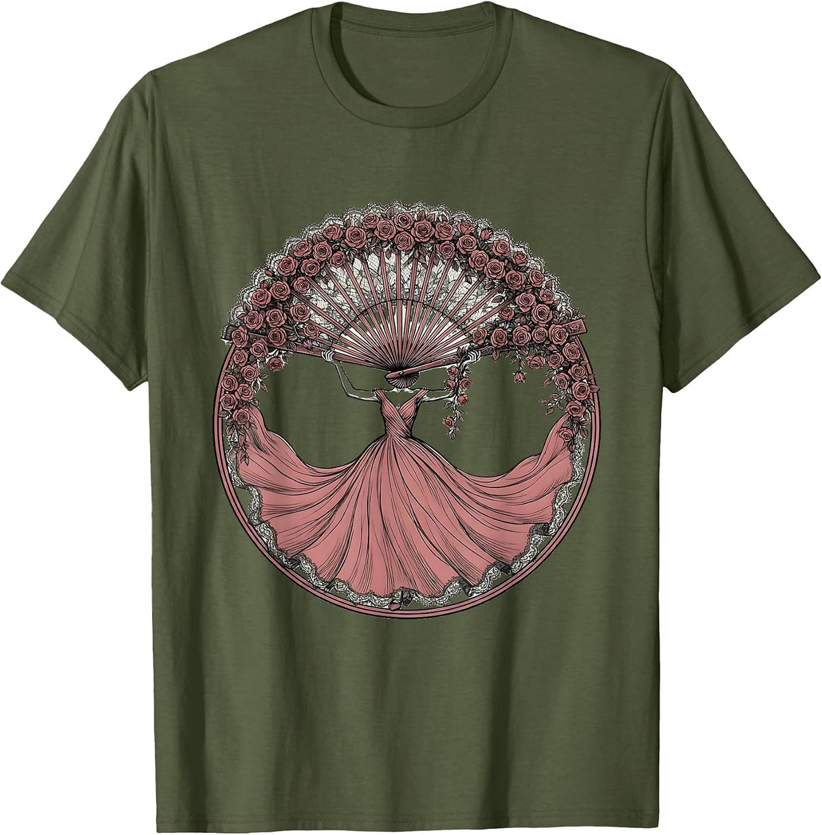 Men's Vintage Lace Fan Climbing Garden Roses Design T-Shirt - Olive Green