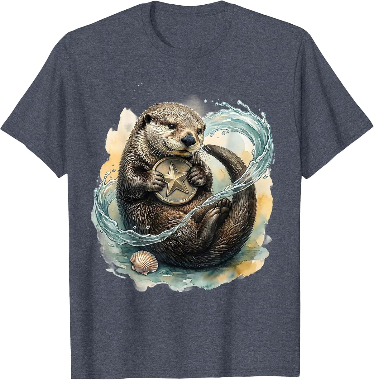 Curled Sea Otter Star Hug Watercolor Otter Lover Gift T-Shirt - Heather Blue