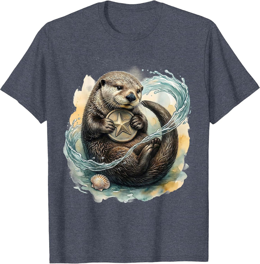 Curled Sea Otter Star Hug Watercolor Otter Lover Gift T-Shirt - Heather Blue