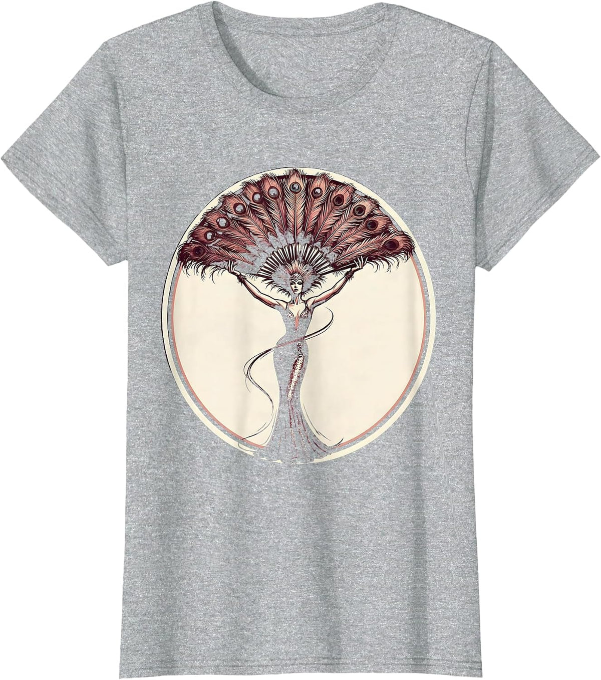 Showgirl Feathered Fan Dance Illustration T-Shirt - Heather Grey