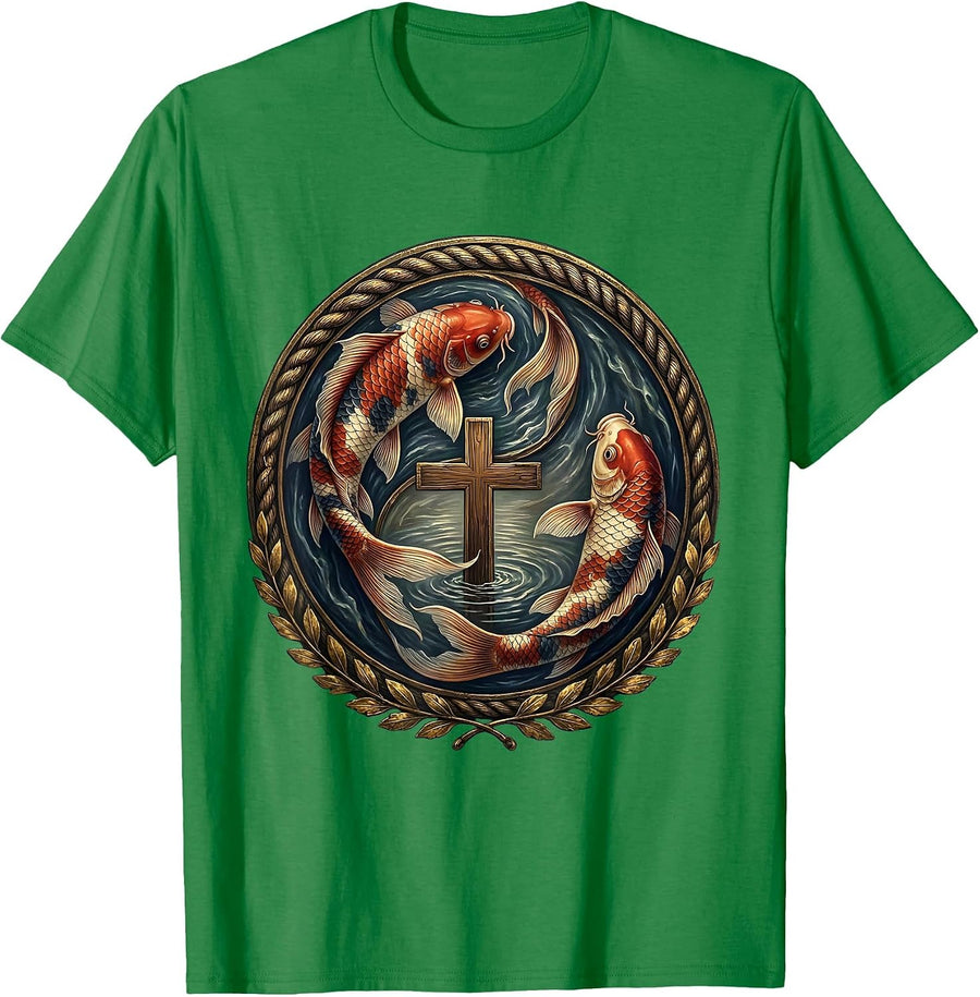 Men's Red White and Blue Koi Fish Swirling Design T-Shirt - Kelly Green
