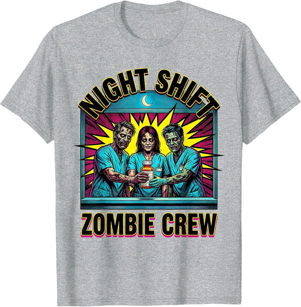 Men's Night Shift Zombie Crew Pop Art Pharmacy Tech Halloween T-Shirt - Heather Grey