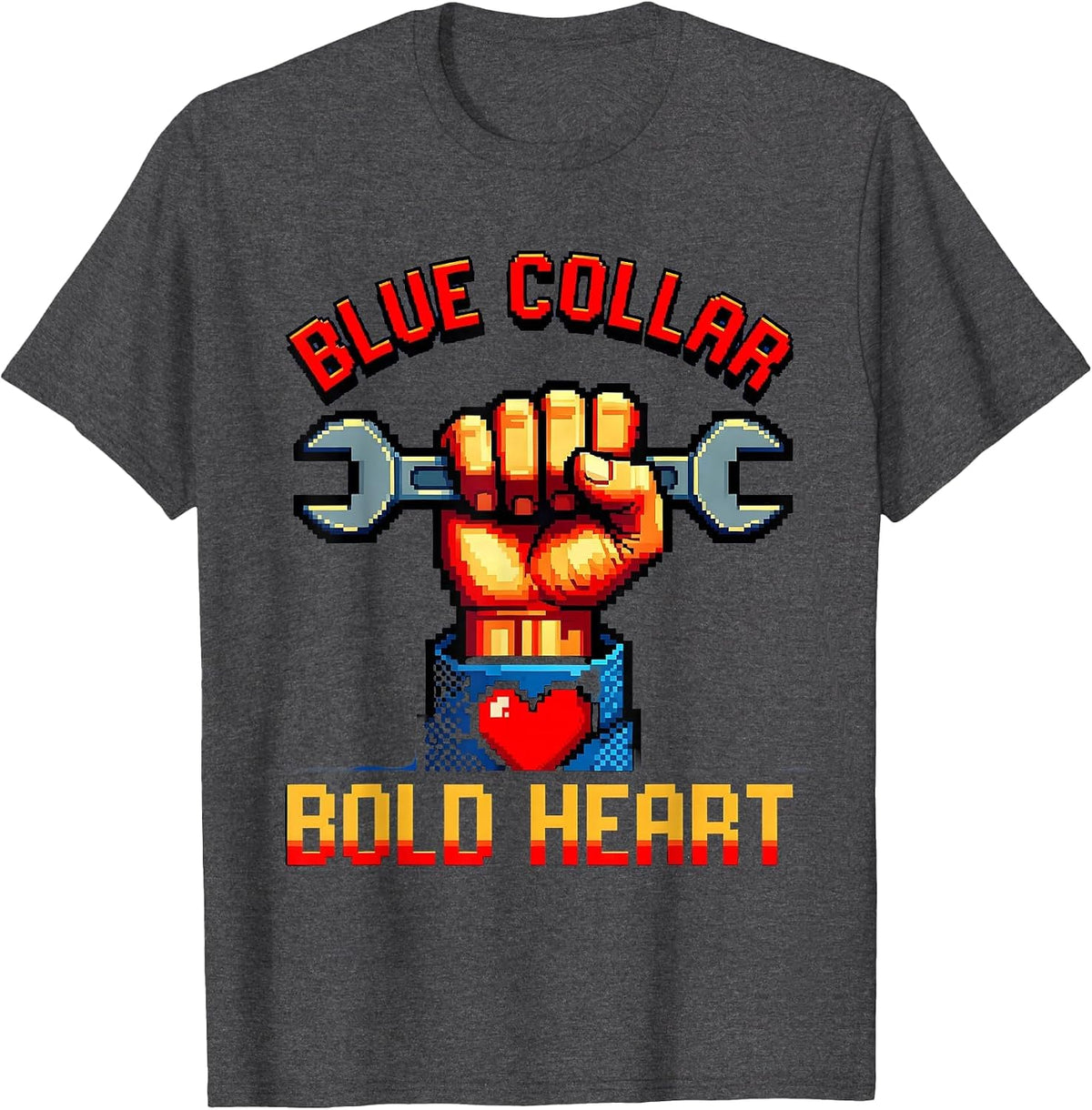 Blue Collar Bold Heart Labor Day Graphic Design T-Shirt - Dark Heather Grey