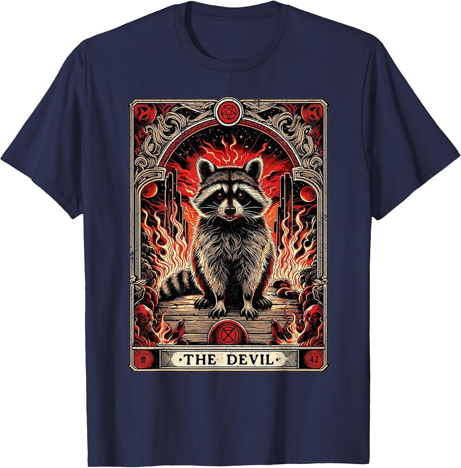 Tarot Card The Devil Satan Gothic Occult Goth Raccoon T-Shirt - Navy Blue