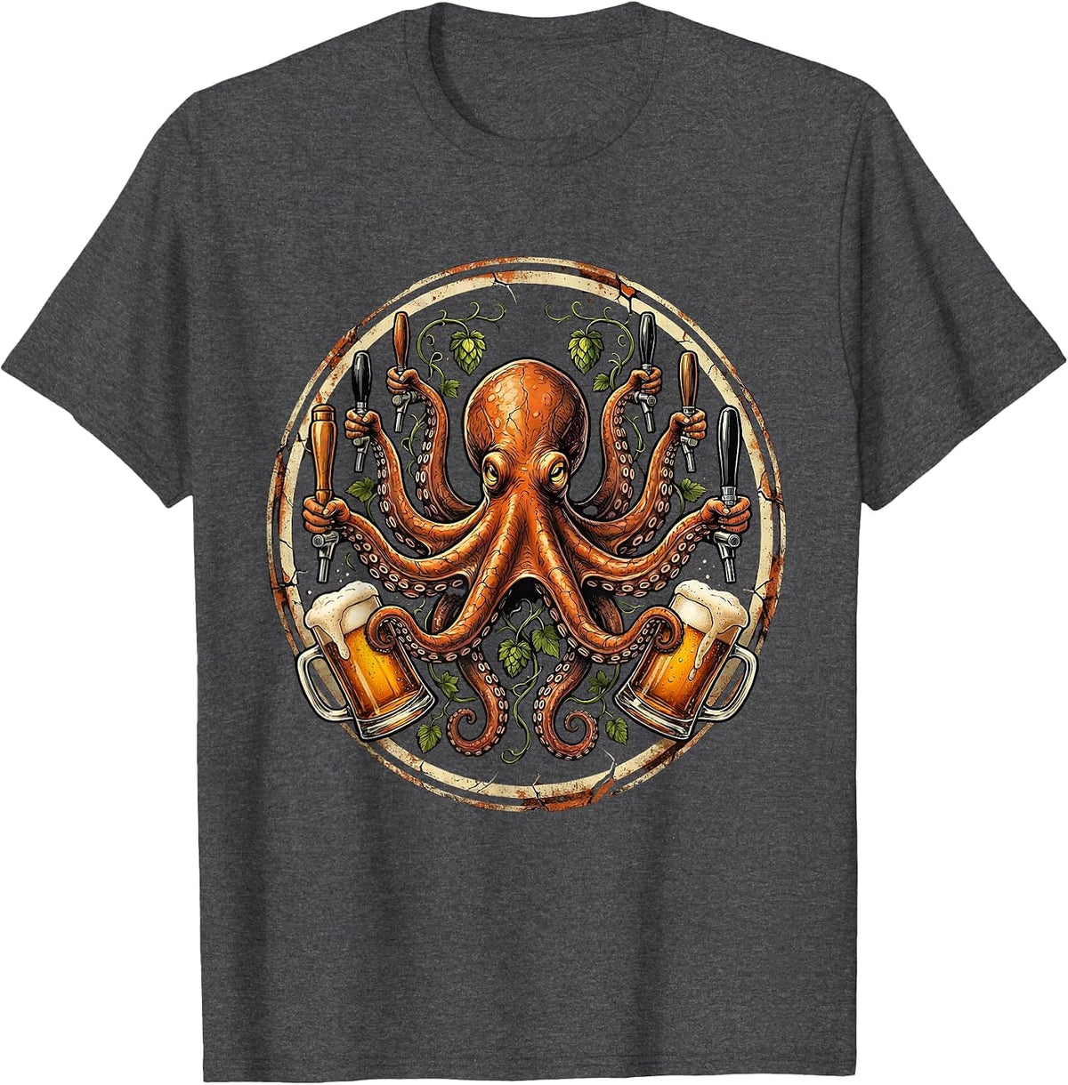 Octopus Draft Beer Multi-Tap Bartender Graphic T-Shirt - Dark Heather Grey