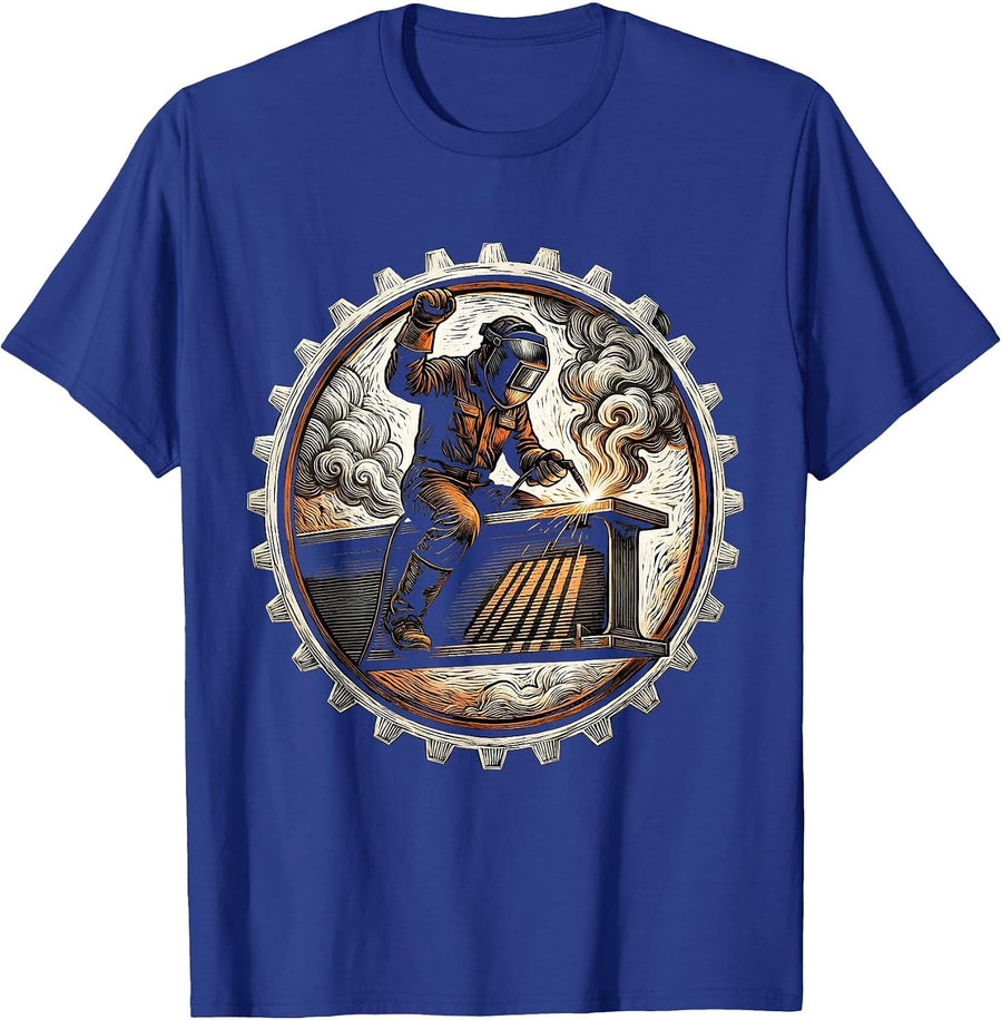 Welder Riding I-Beam Through Smoke Graphic T-Shirt - Royal Blue