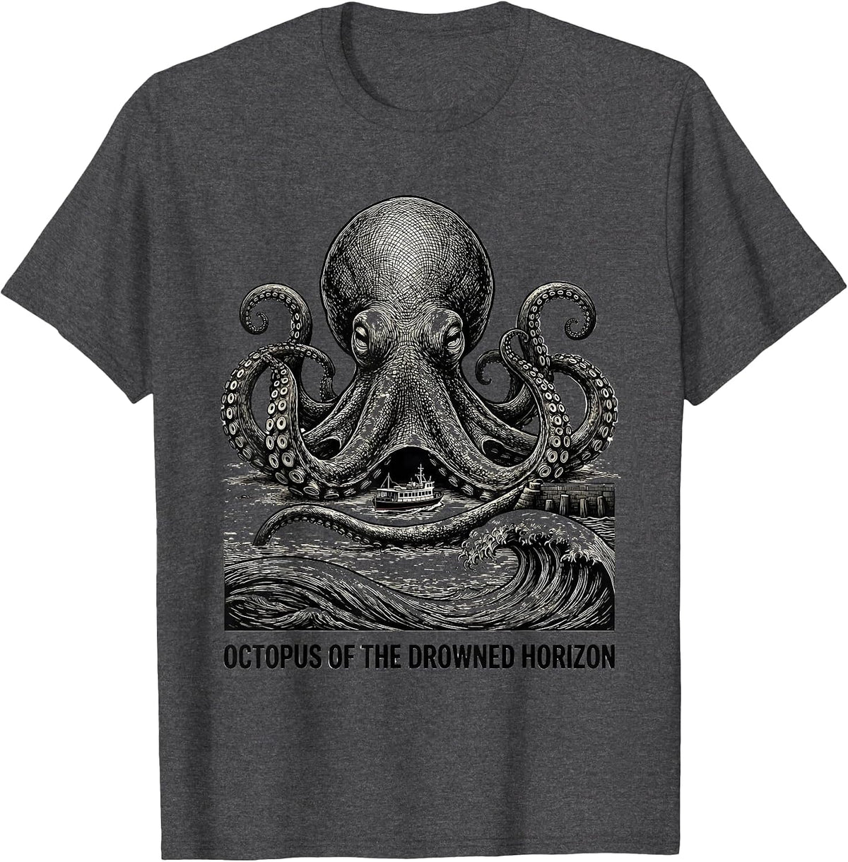 Octopus of the Drowned Horizon Monochromatic Ocean Animal T-Shirt - Dark Heather Grey