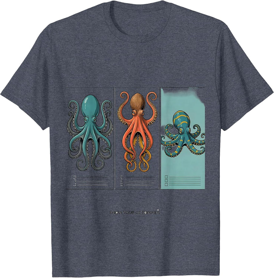 Know Your Octopuses Midcentury Modern Ocean Wildlife Humor T-Shirt - Heather Blue