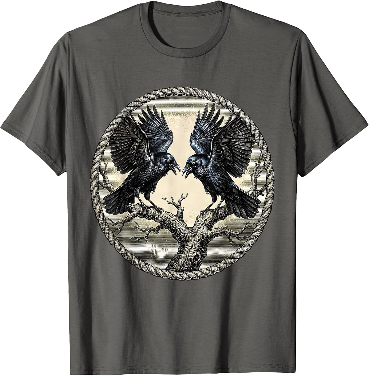 Men's Two Crows Facing Off on Dead Branch Illustration T-Shirt - Asphalt Grey