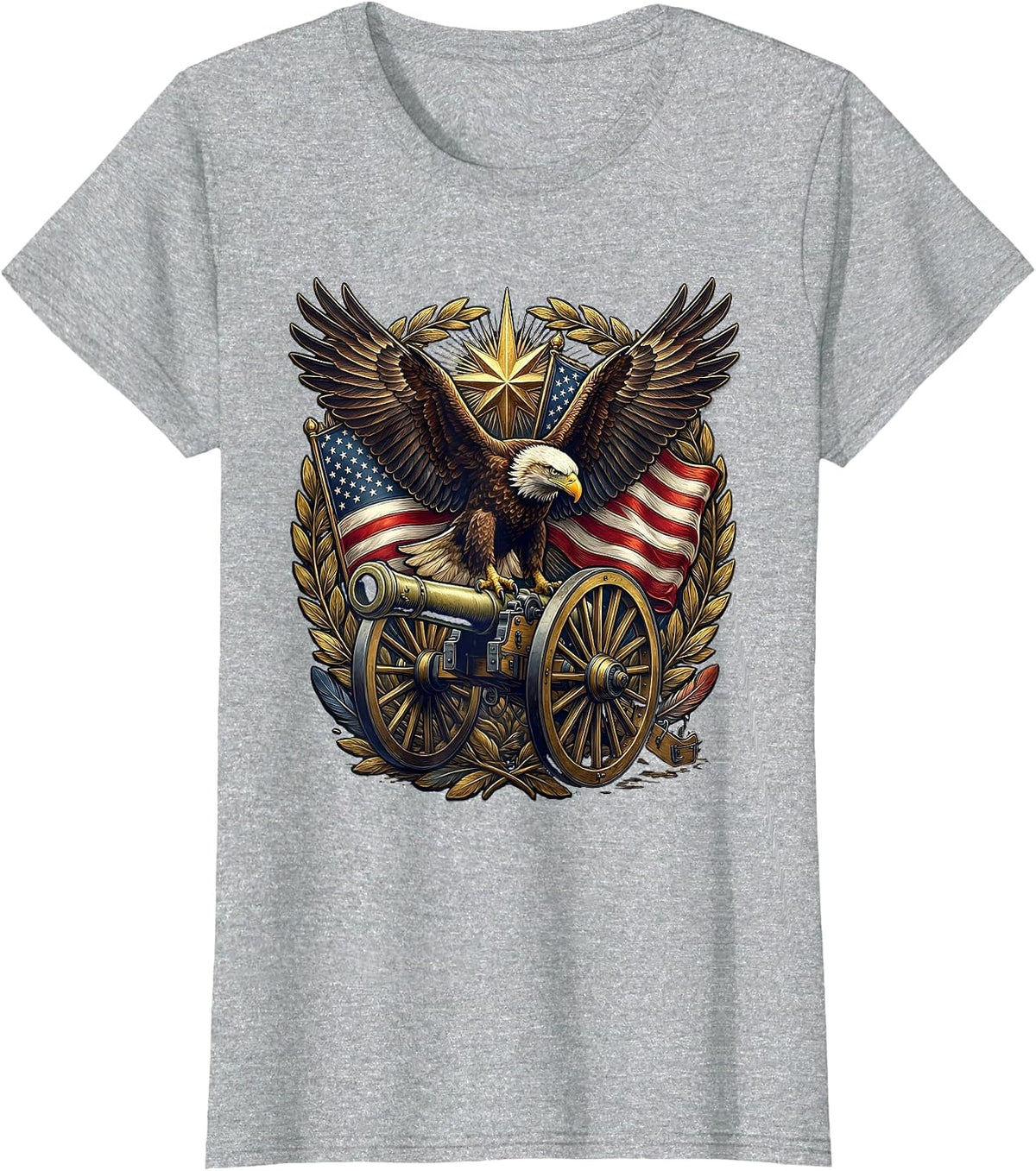Bald Eagle on Cannon US Army Patriotic Graphic T-Shirt - Heather Grey