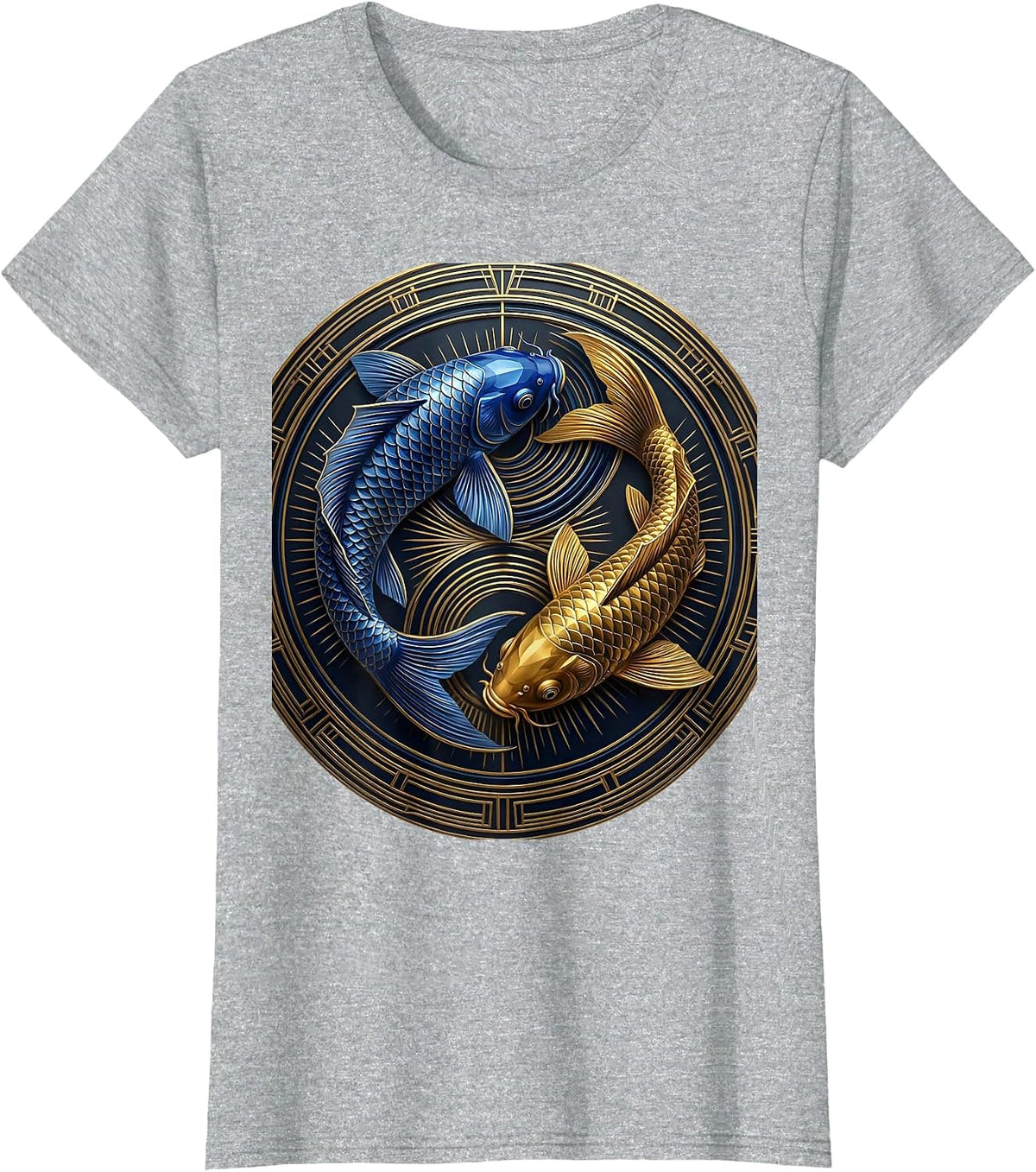 Blue and Gold Koi Fish Chase Graphic Design T-Shirt - Heather Grey