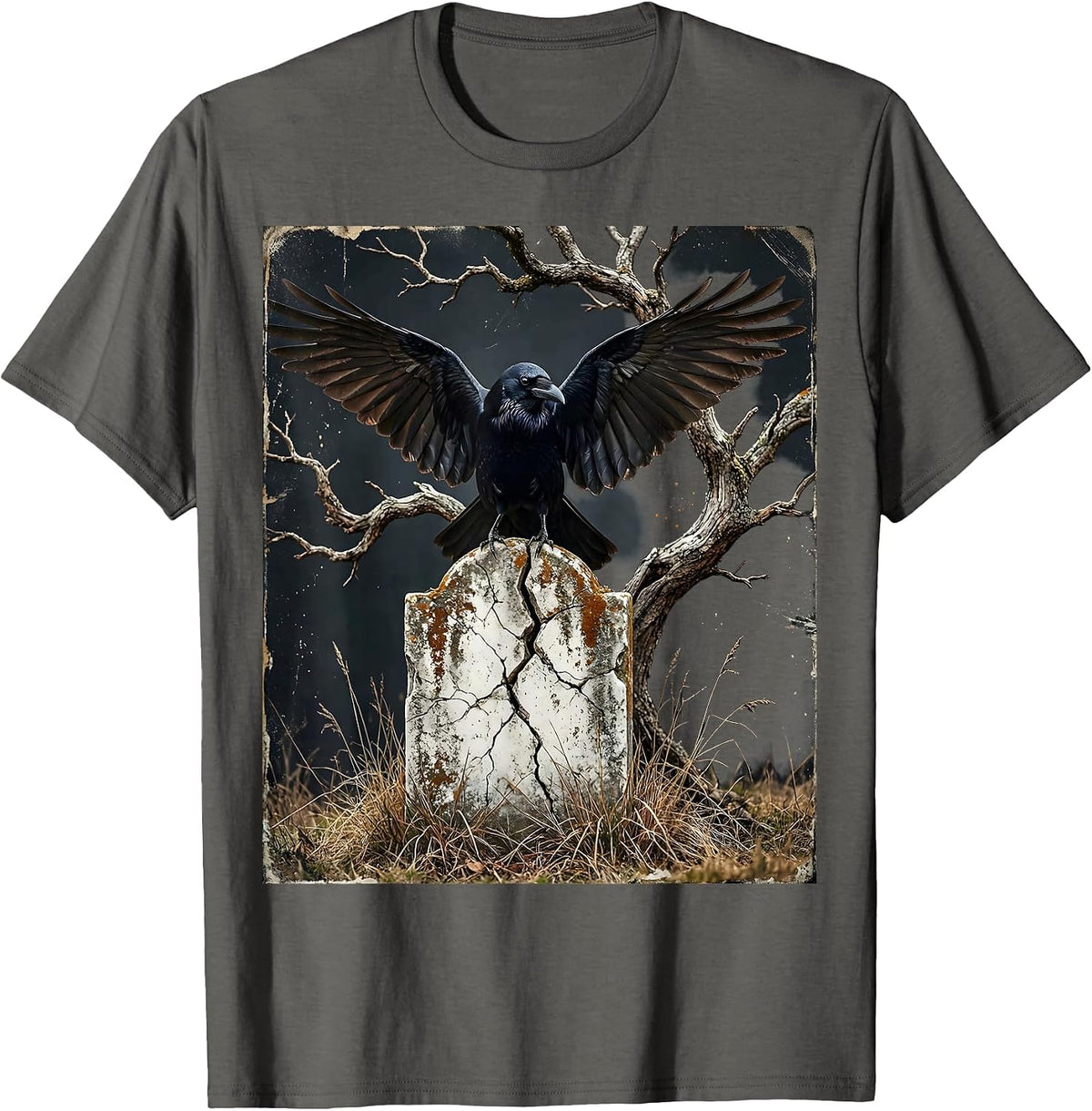 Crow on Cracked Gravestone Halloween Graphic T-Shirt - Asphalt Grey