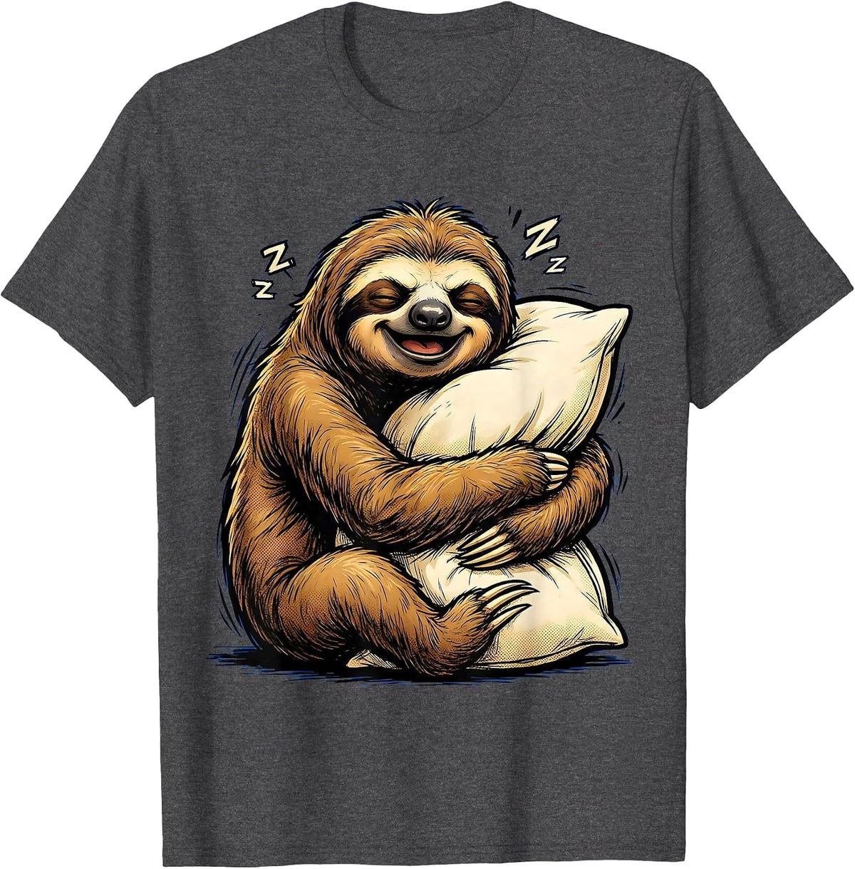 Sleepy Sloth Hugging Pillow Lazy Day Design T-Shirt - Dark Heather Grey