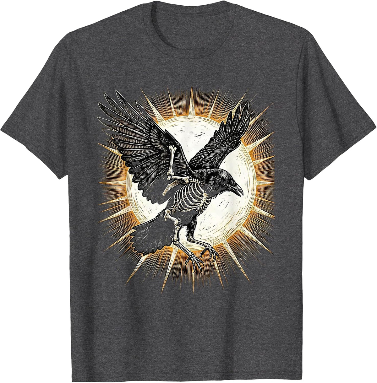 Crow Skeleton In Flight Against the Sun T-Shirt - Dark Heather Grey