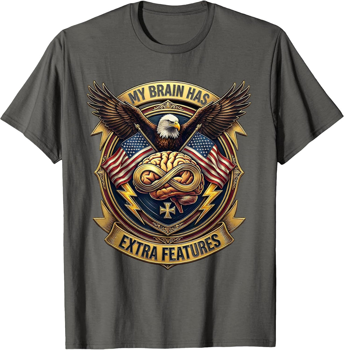 Men's My Brain Has Extra Features Neurodiversity Design T-Shirt - Asphalt Grey