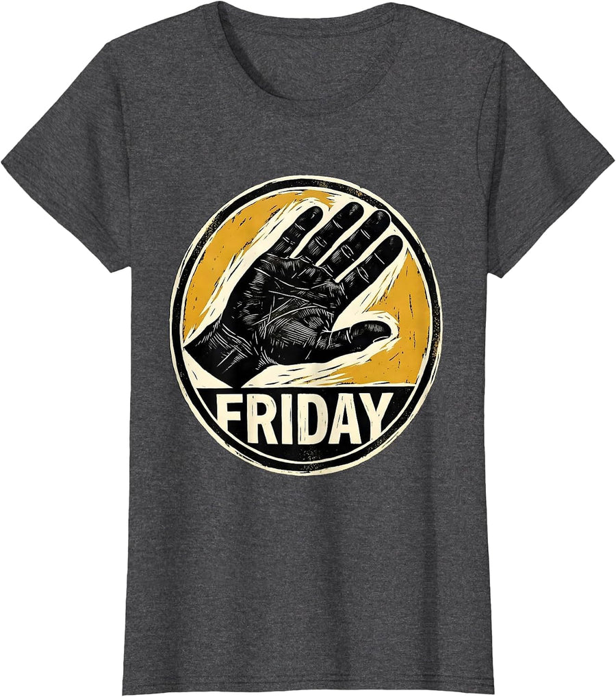 Women's Friday Linocut ASL Sign Language Teacher Humor Gift T-Shirt - Dark Heather Grey