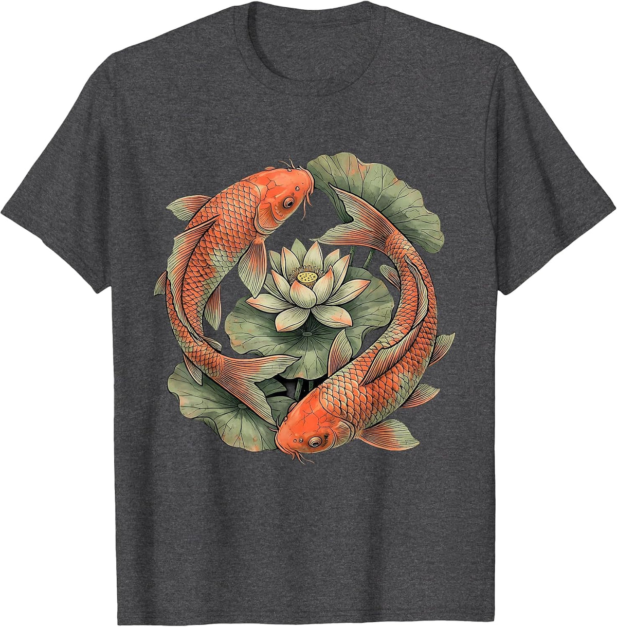 Koi Fish Lily Pad Pond Hawaiian Design T-Shirt - Dark Heather Grey