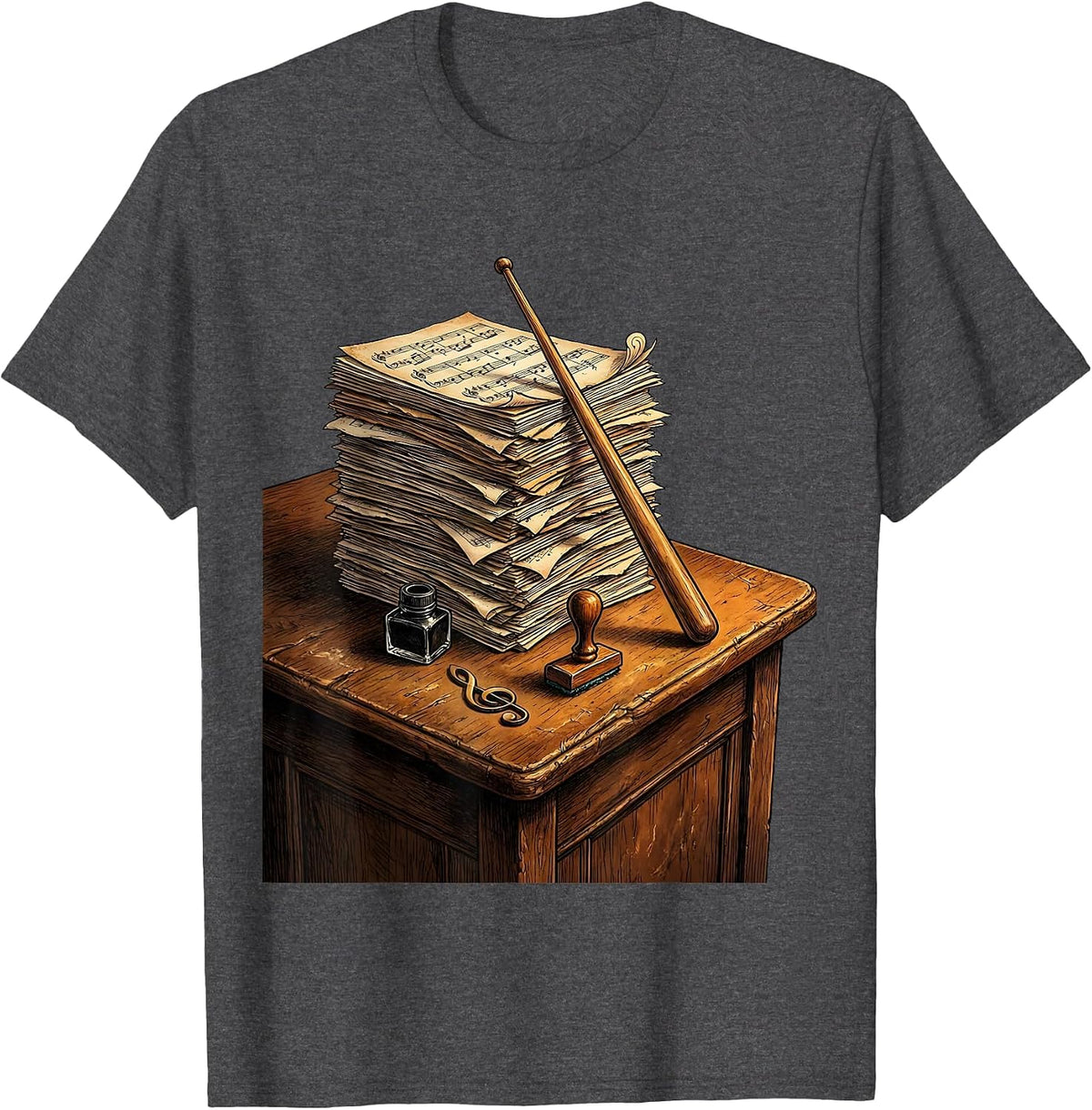 Music Teacher Worn Desk Stacked Sheet Music Art T-Shirt - Dark Heather Grey