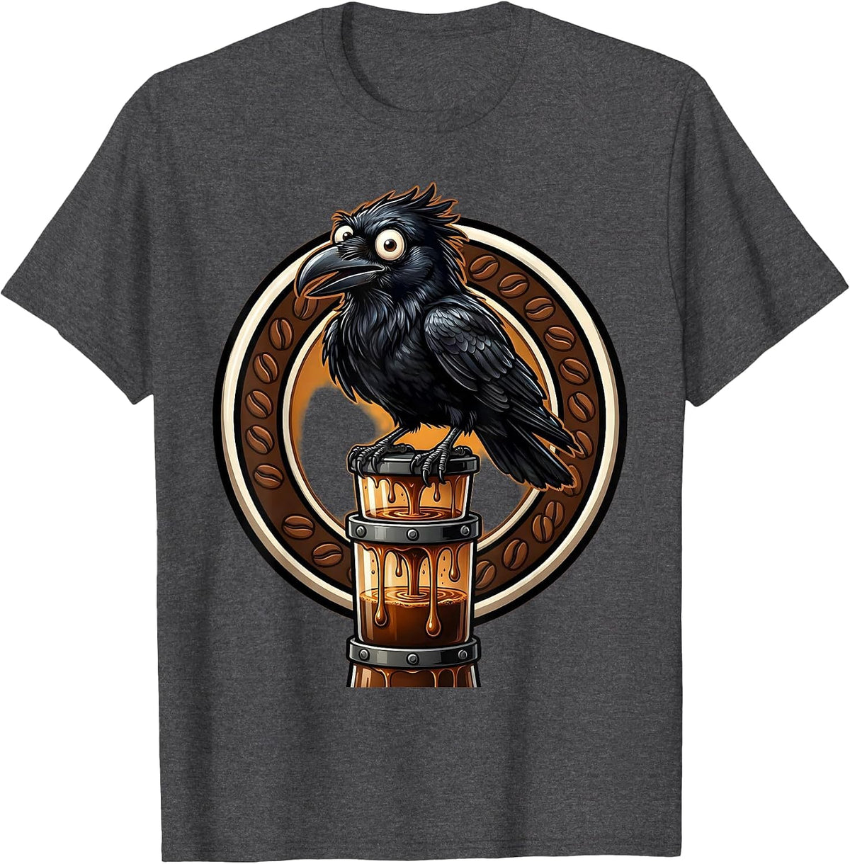 Crow Perched on Drip Coffee Tower Illustration T-Shirt - Dark Heather Grey