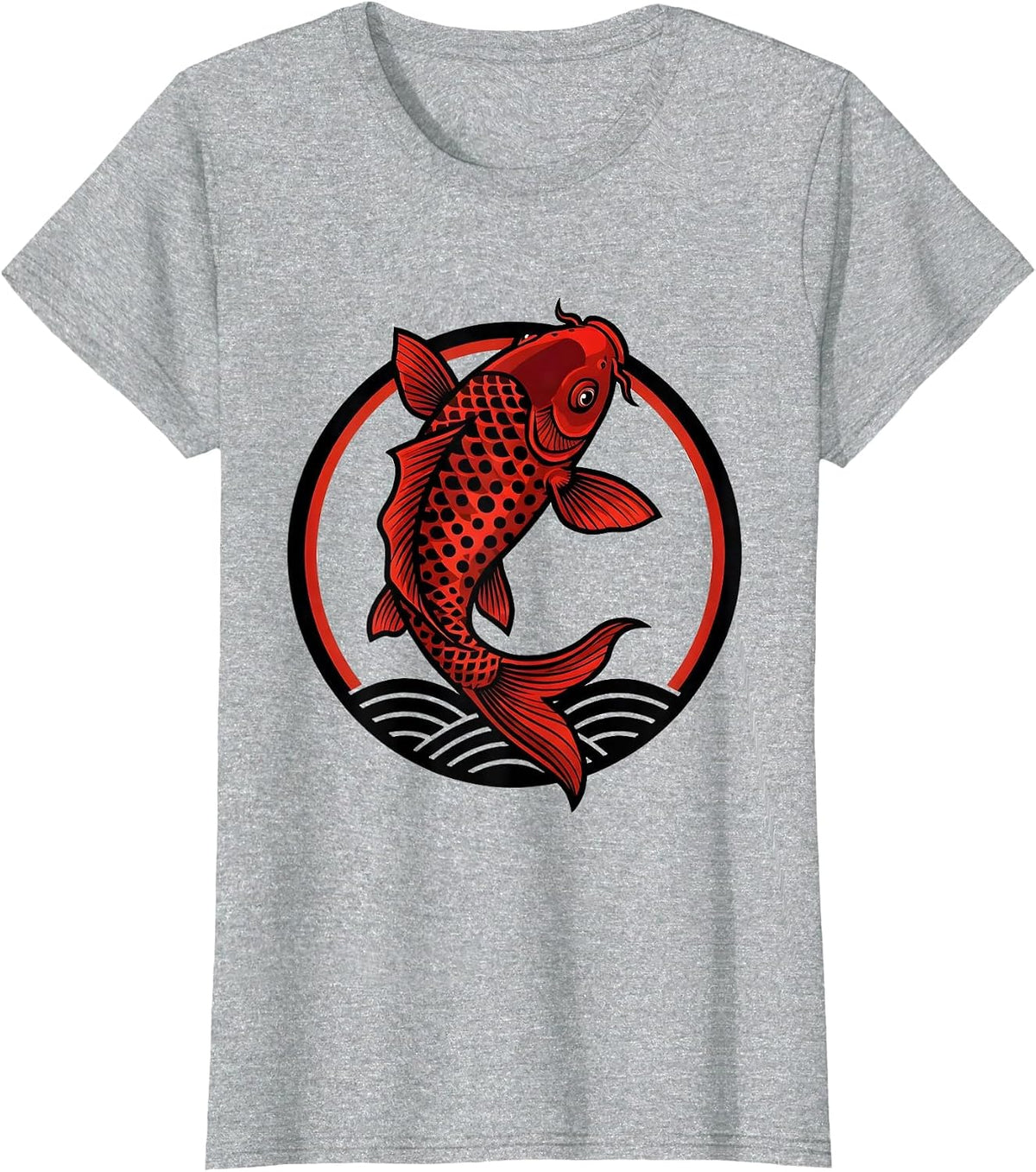 Red Koi Fish Leaping From Water Polka Dot Art T-Shirt - Heather Grey
