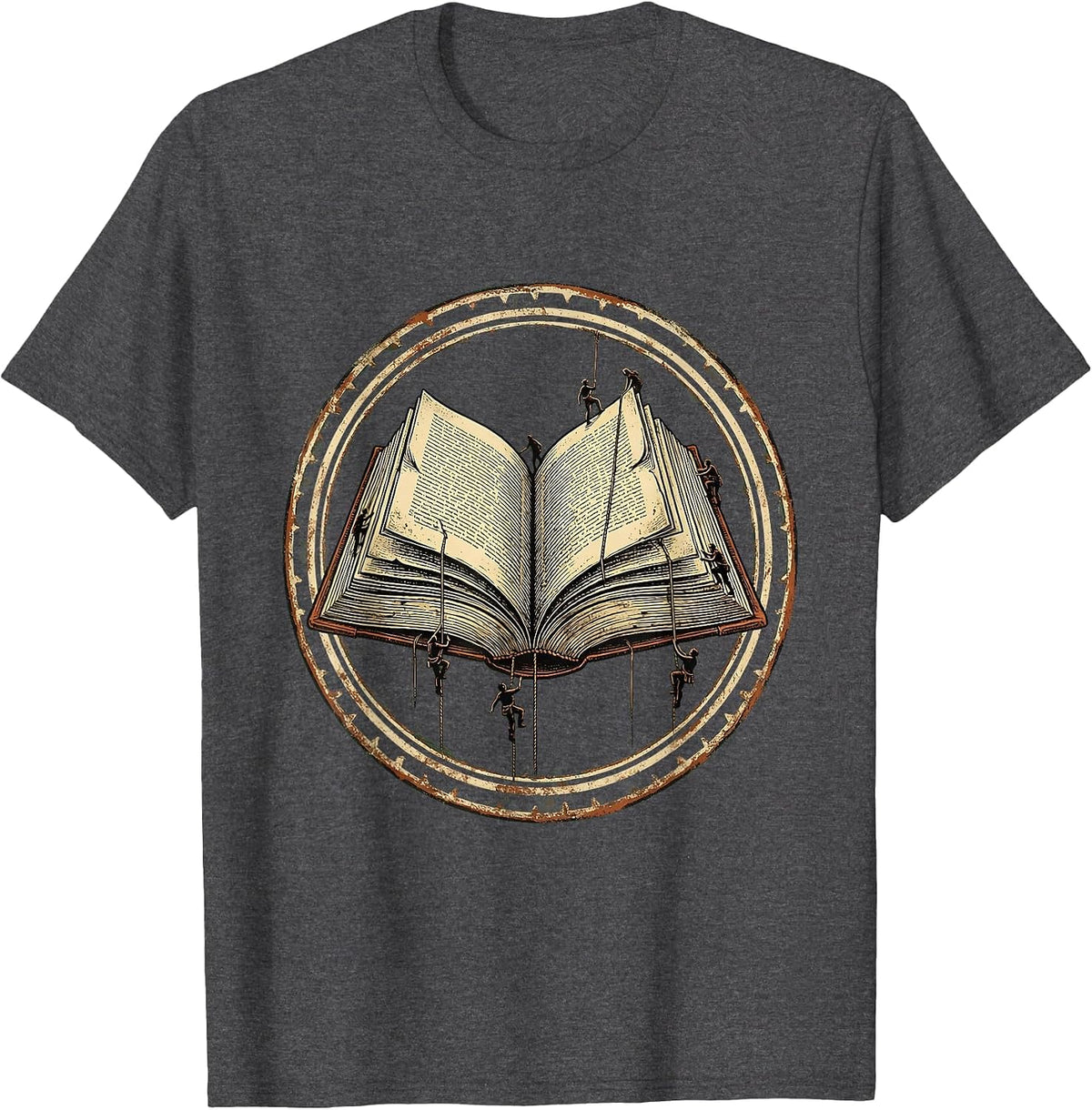 Tiny Students Climbing Giant Book Pages Teacher T-Shirt - Dark Heather Grey