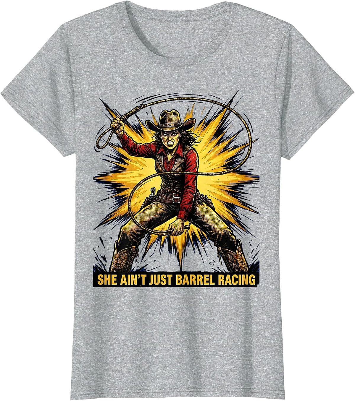 She Ain't Just Barrel Racing Rodeo Design T-Shirt - Heather Grey