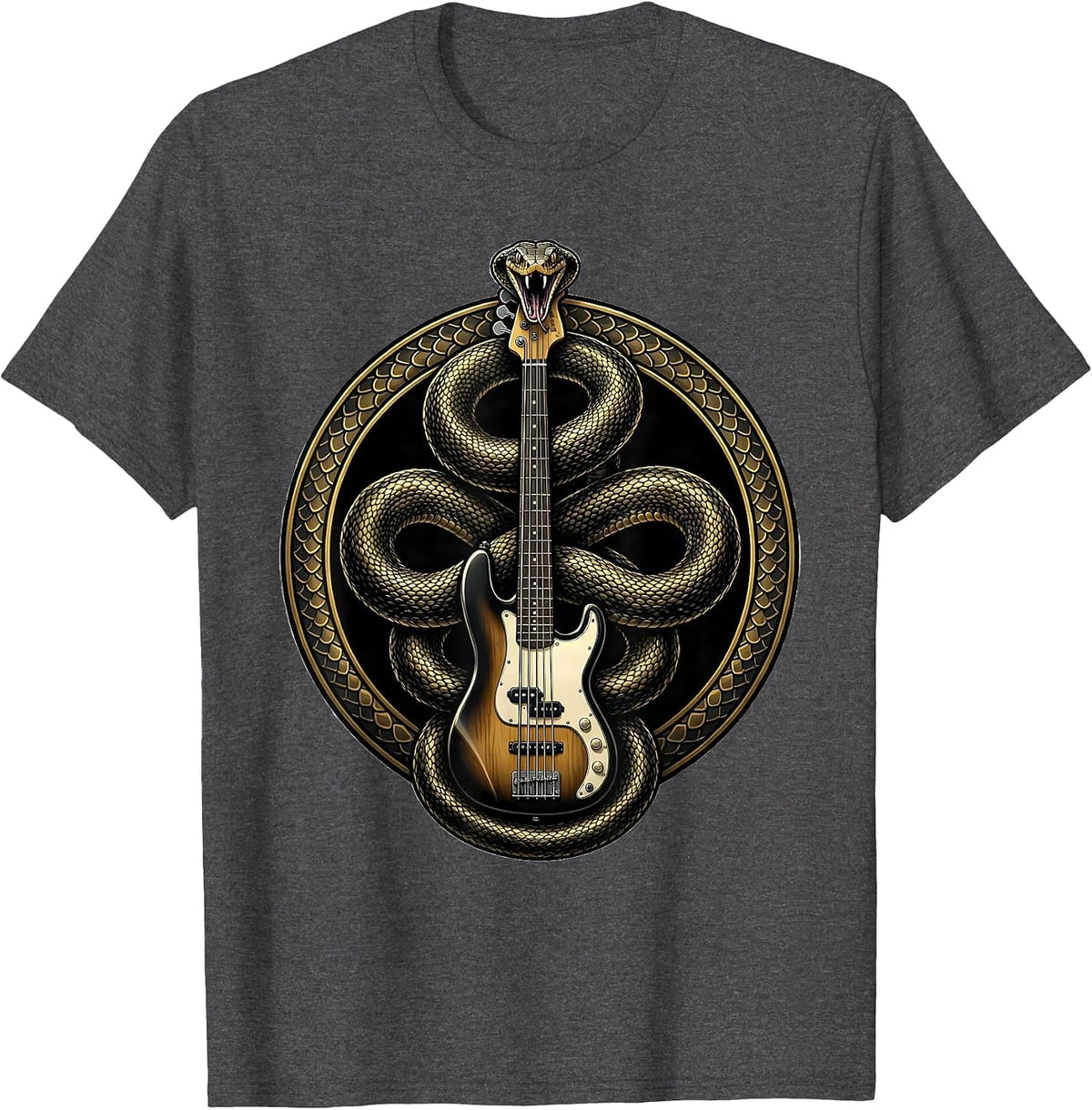 Snake Coiled Around Bass Guitar Graphic T-Shirt - Dark Heather Grey