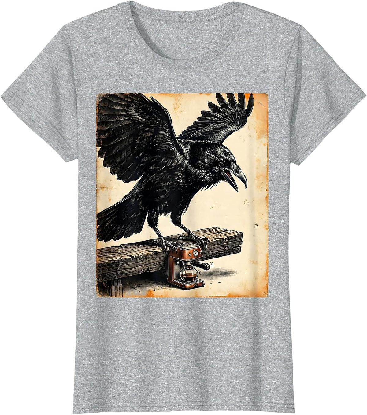 Giant Crow Looming Over Tiny Terrified Coffee Maker T-Shirt - Heather Grey