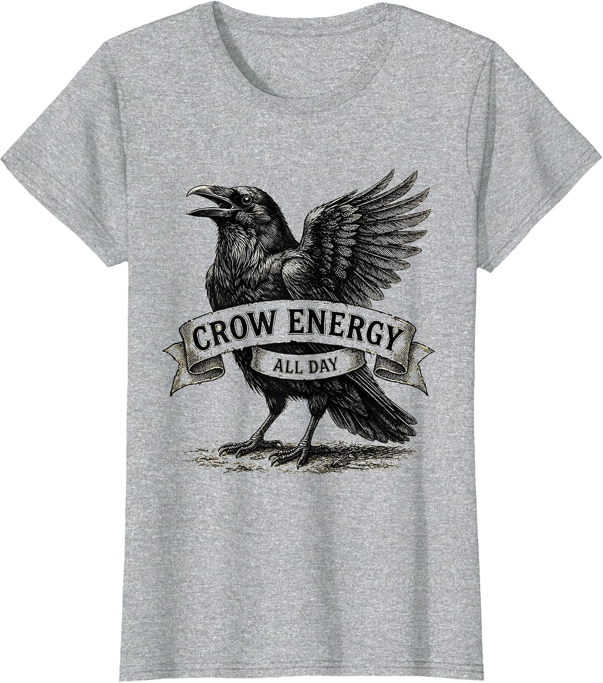 Crow Energy All Day Bold Bird Graphic Design T-Shirt - Heather Grey
