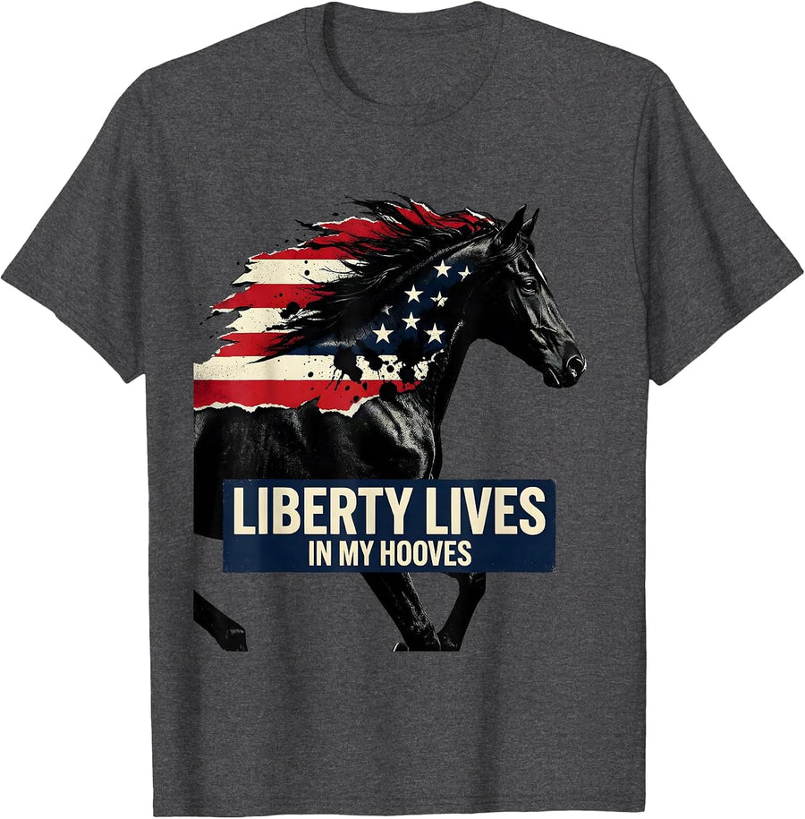 Men's Liberty Lives In My Hooves Patriotic Horse 4th Of July Rodeo T-Shirt - Dark Heather Grey