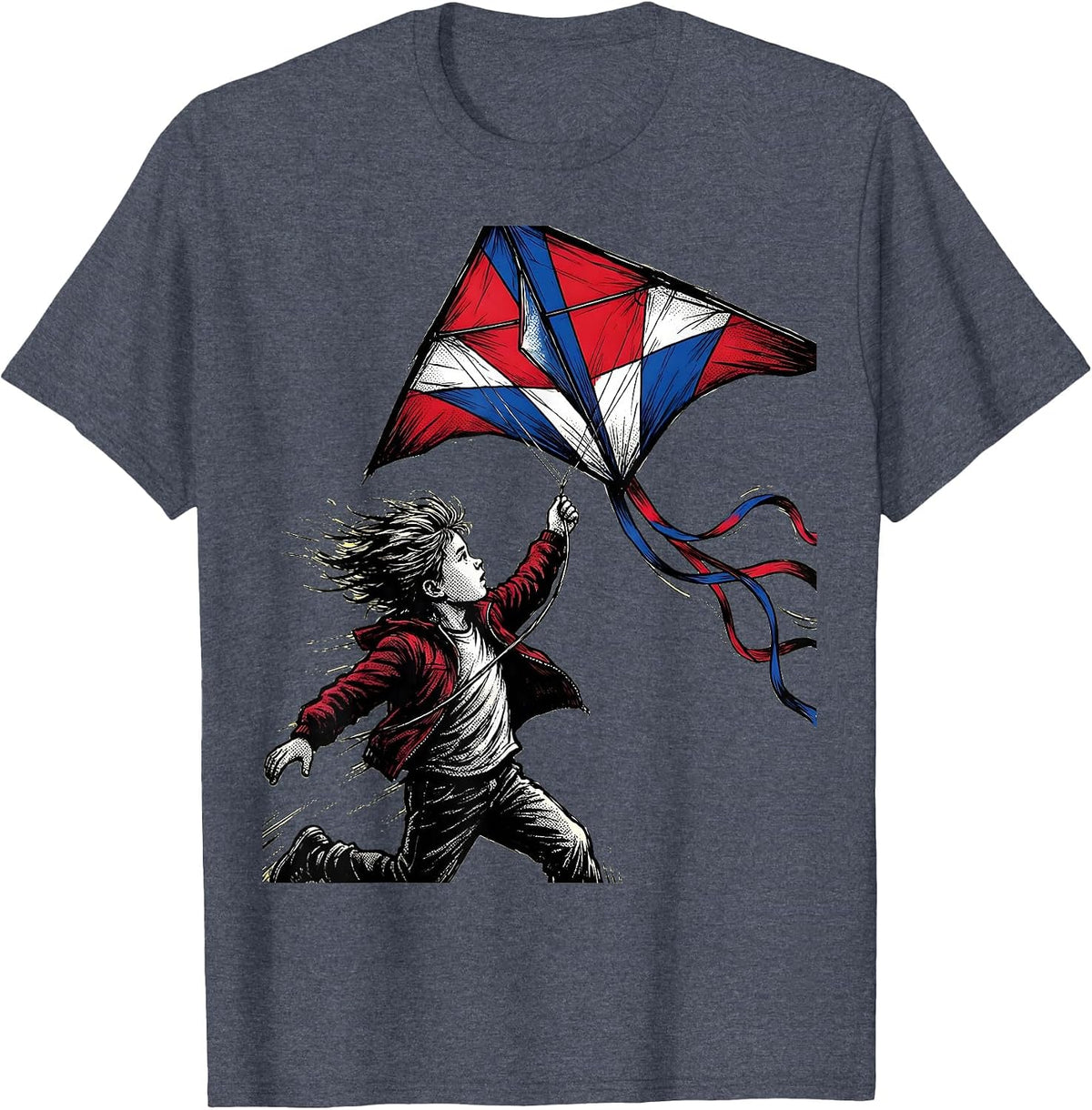 Red White and Blue Kite Launch Graphic T-Shirt - Heather Blue