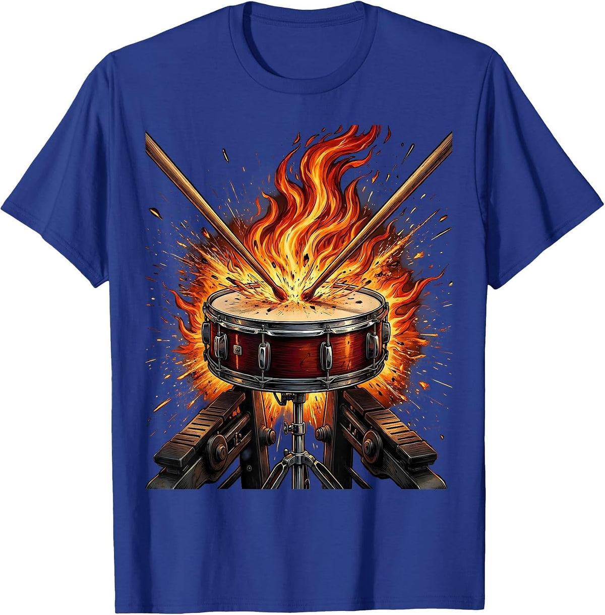 Men's Double Bass Drum Pedal Fire Splash Drummer Art T-Shirt - Royal Blue