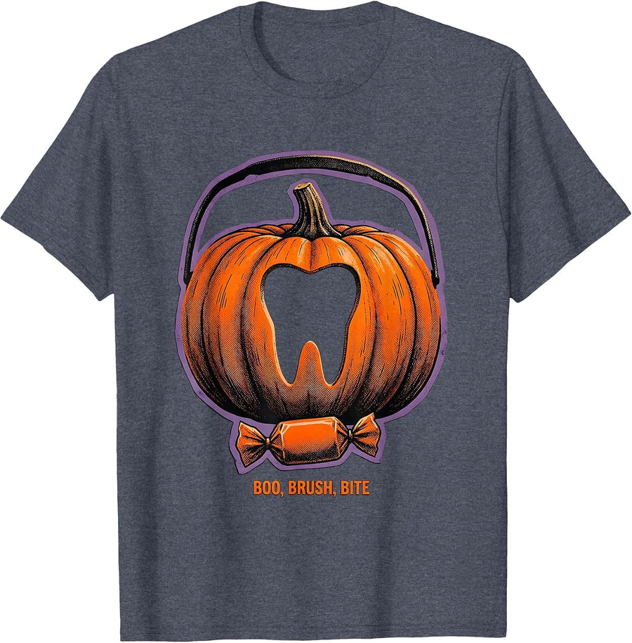 Boo Brush Bite Funny Dental Hygienist Halloween Dental T-Shirt - Heather Blue