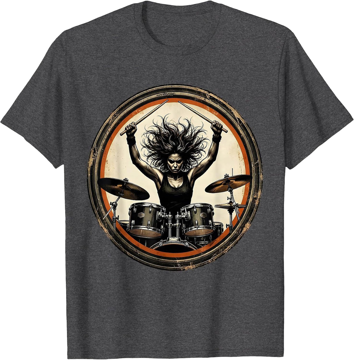 Fierce Drummer Mid-Strike Overhead Illustration T-Shirt - Dark Heather Grey