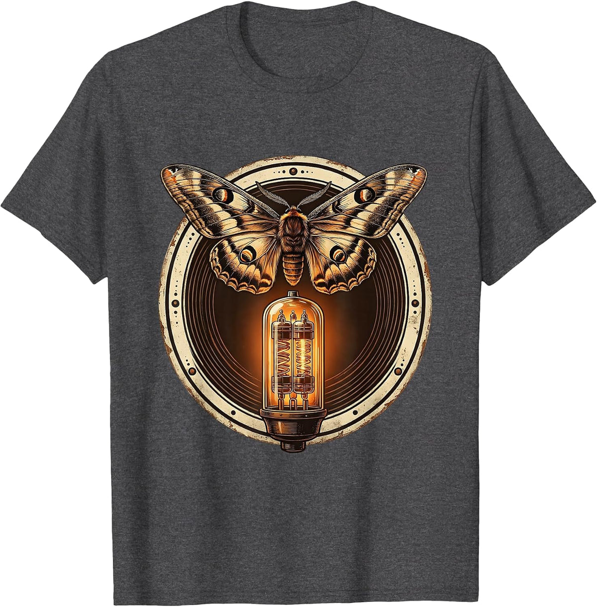 Moth and Vacuum Tube Amp Glow Rock Graphic T-Shirt - Dark Heather Grey
