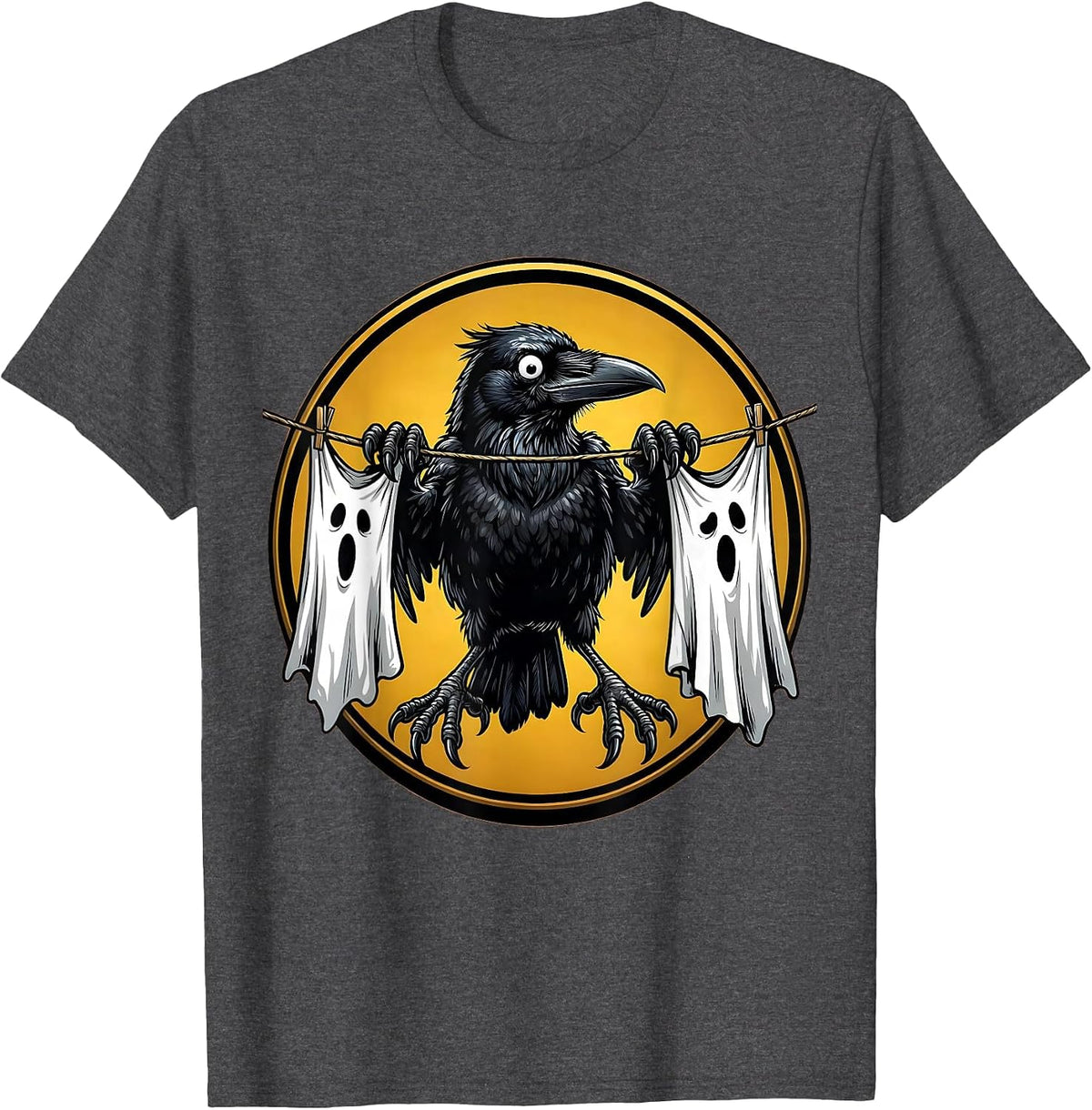 Crow on a Clothesline Halloween Graphic T-Shirt - Dark Heather Grey